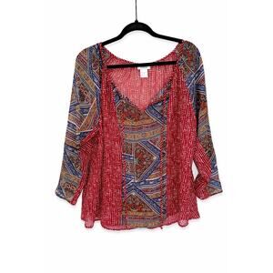 Monroe & Main Womens XL Boho Sheer Tie Front Hi Low Blouse Red Blue Festival Top